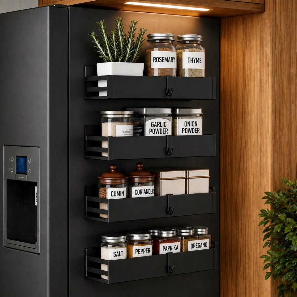 SuiteRituals 4-piece magnetic organizer set installed on a refrigerator