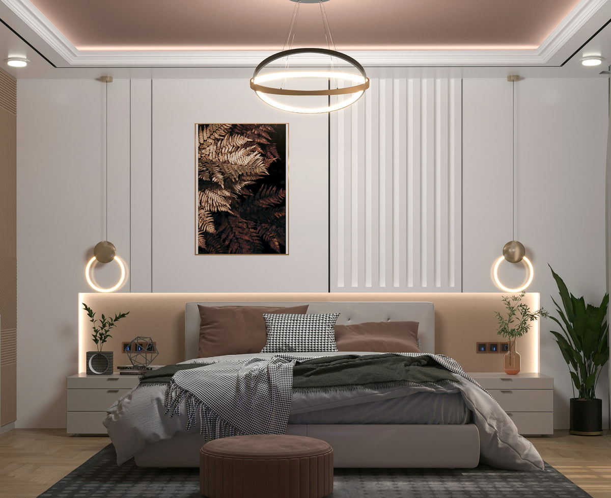 Dormitorio moderno de lujo, luz suave, ambiente de spa